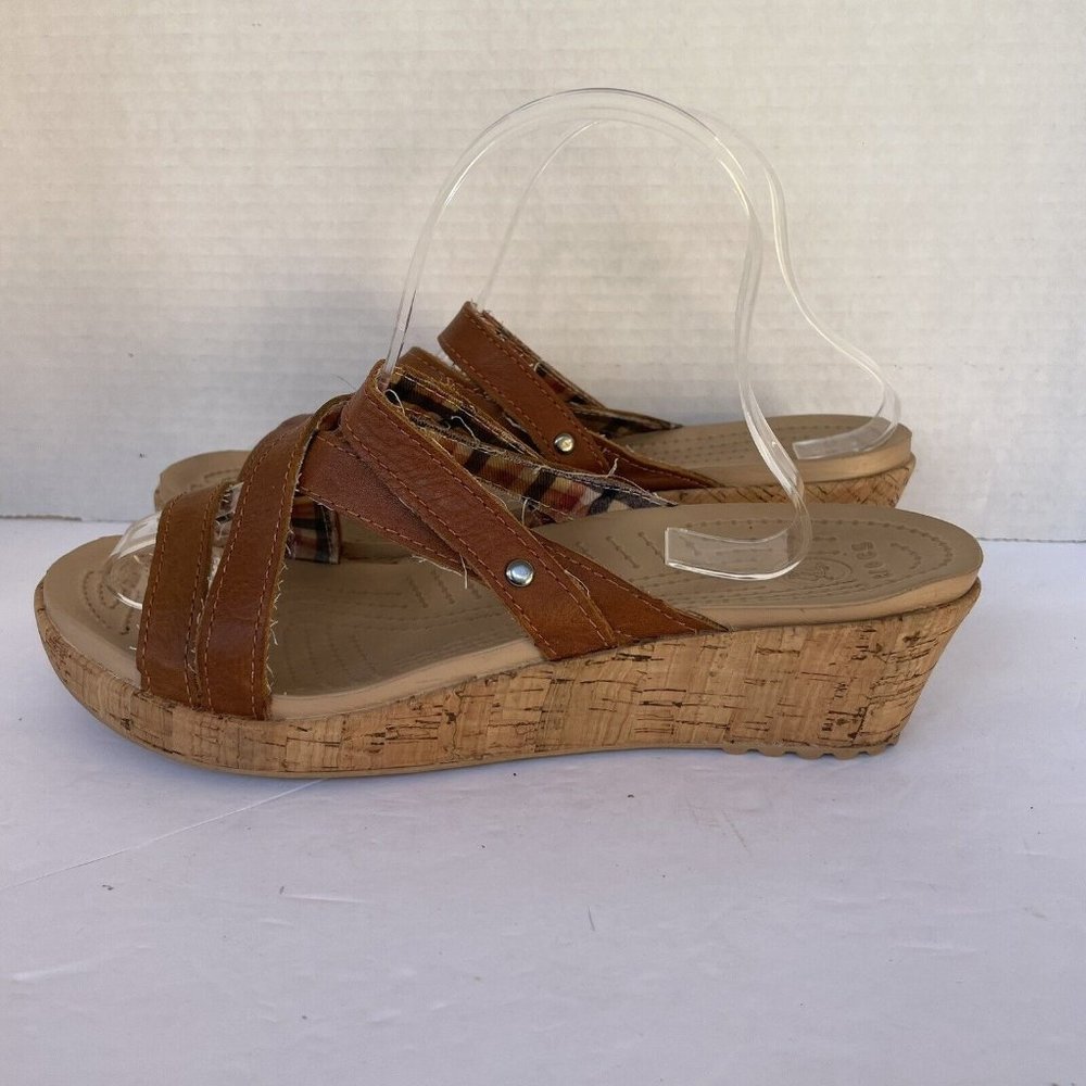 Crocs A-Leigh Cork Brown Wedge Sandals Leather Straps 11847 Womens Size 10